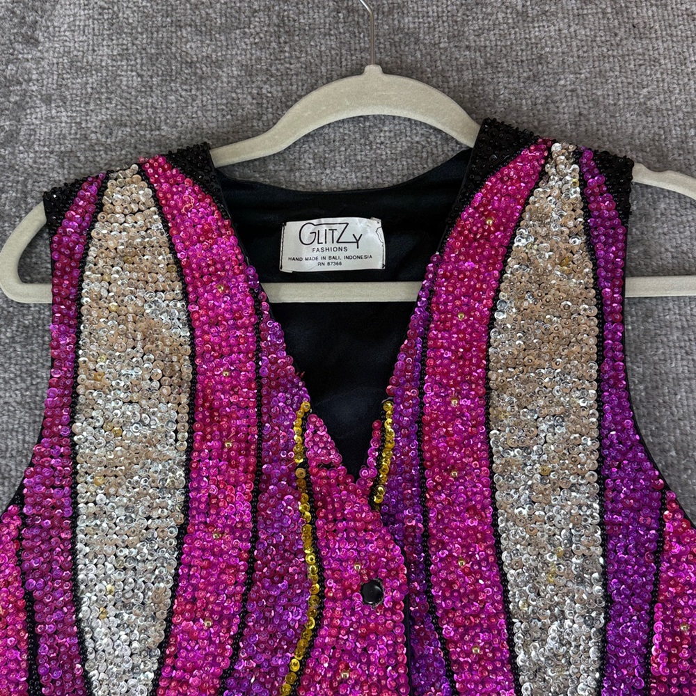 Vtg Glitzy Fashions Bali Handmade Sequin Vest Pink Beaded Festival Costume 90s M - Picture 11 of 15